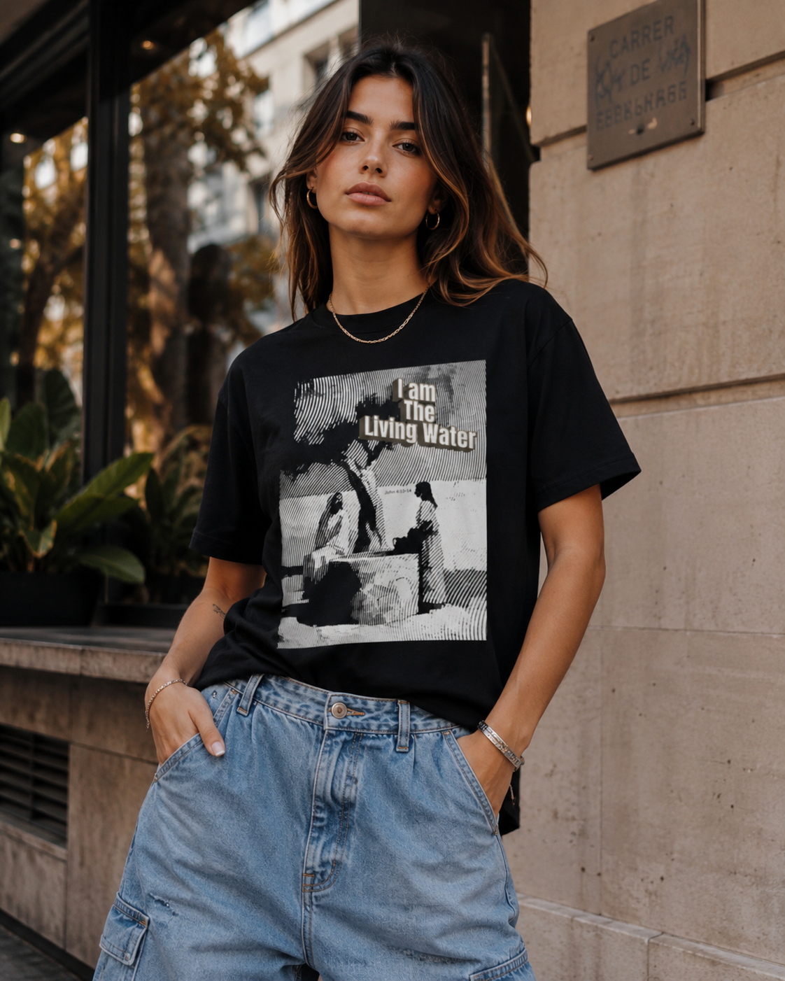 Person wearing a black t-shirt with LIVING WATER graphic design and text, standing outdoors.