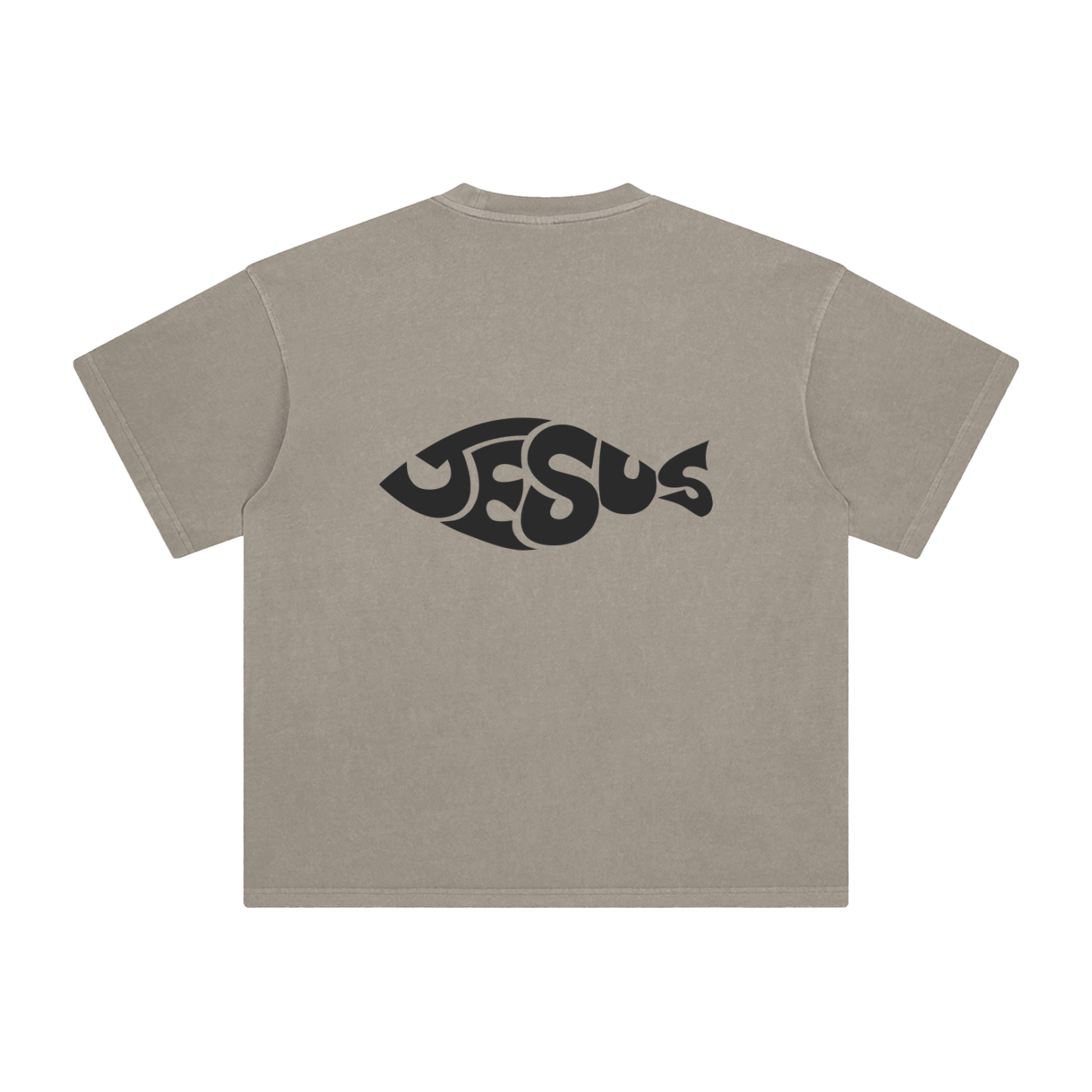 Beige t-shirt with 'Jesus' design on the back against a white background