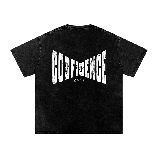 Godfidence 24/7 – Distressed Warp Script Catholic Streetwear Snow Washed Oversized Cotton T-Shirt