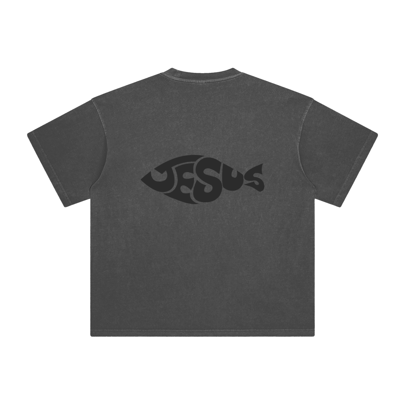 Gray t-shirt with 'Jesus' design on the back against a white background