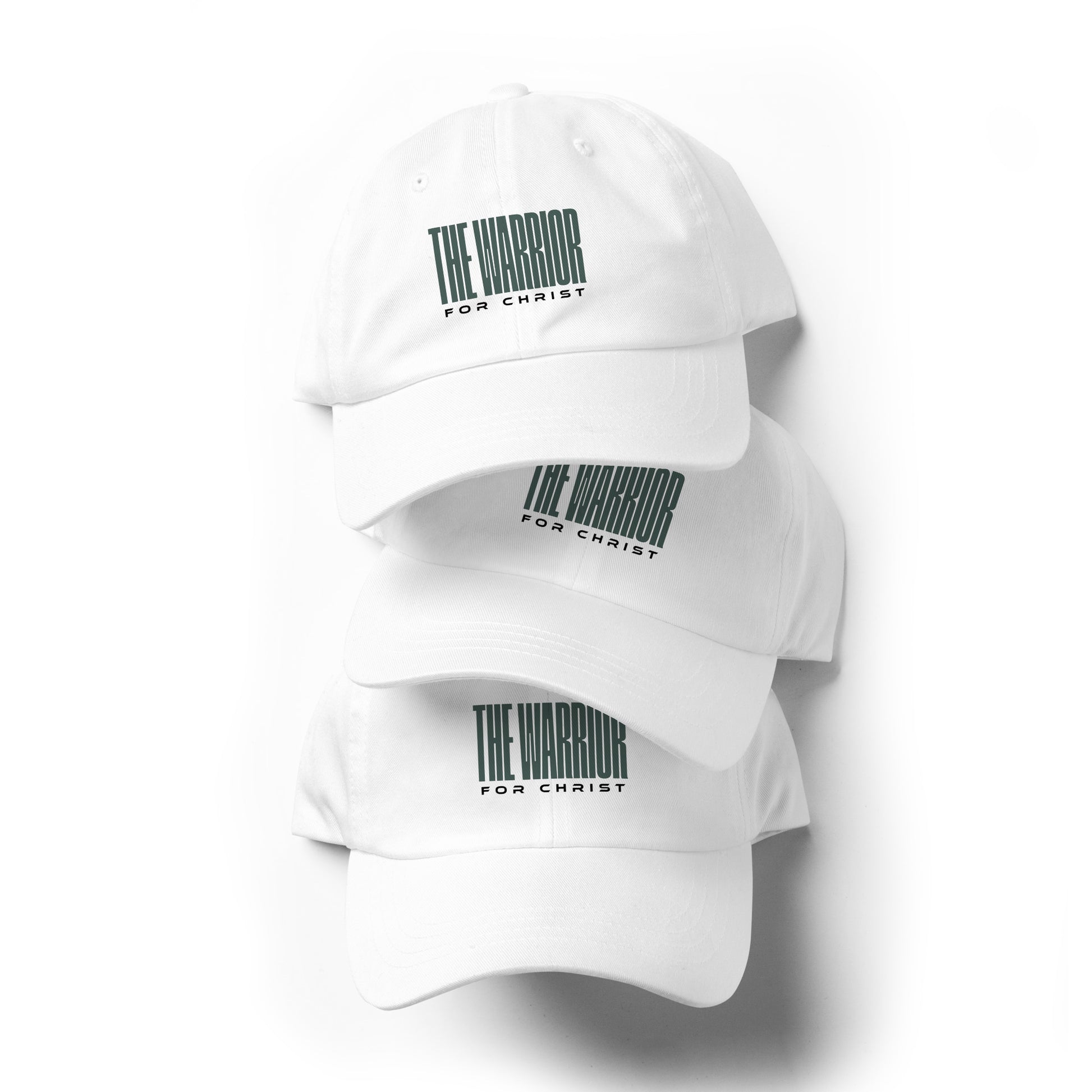 White caps with 'The Warrior for Christ' text on a white background