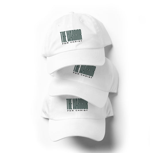 White caps with 'The Warrior for Christ' text on a white background