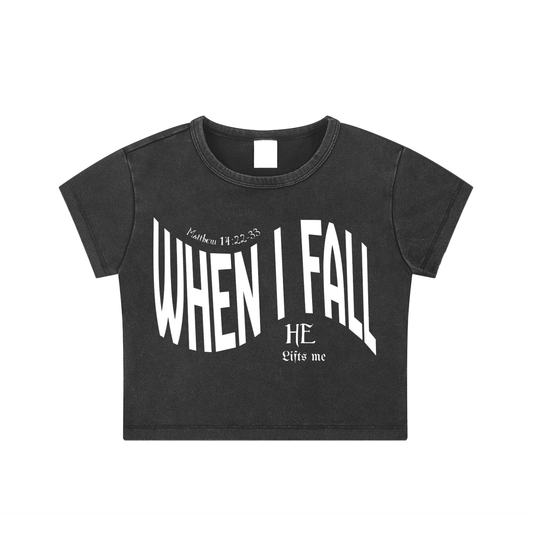 When I Fall, He Lifts Me – Women’s Snow Washed Bodycon Crop Tee