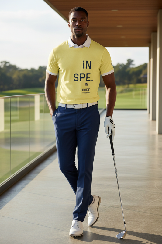 Man in yellow shirt and blue pants holding a golf club on a golf course.