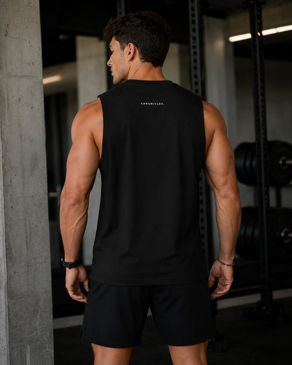 Muscular person wearing a black sleeveless shirt with 'Chronicles' branding in a gym setting.
