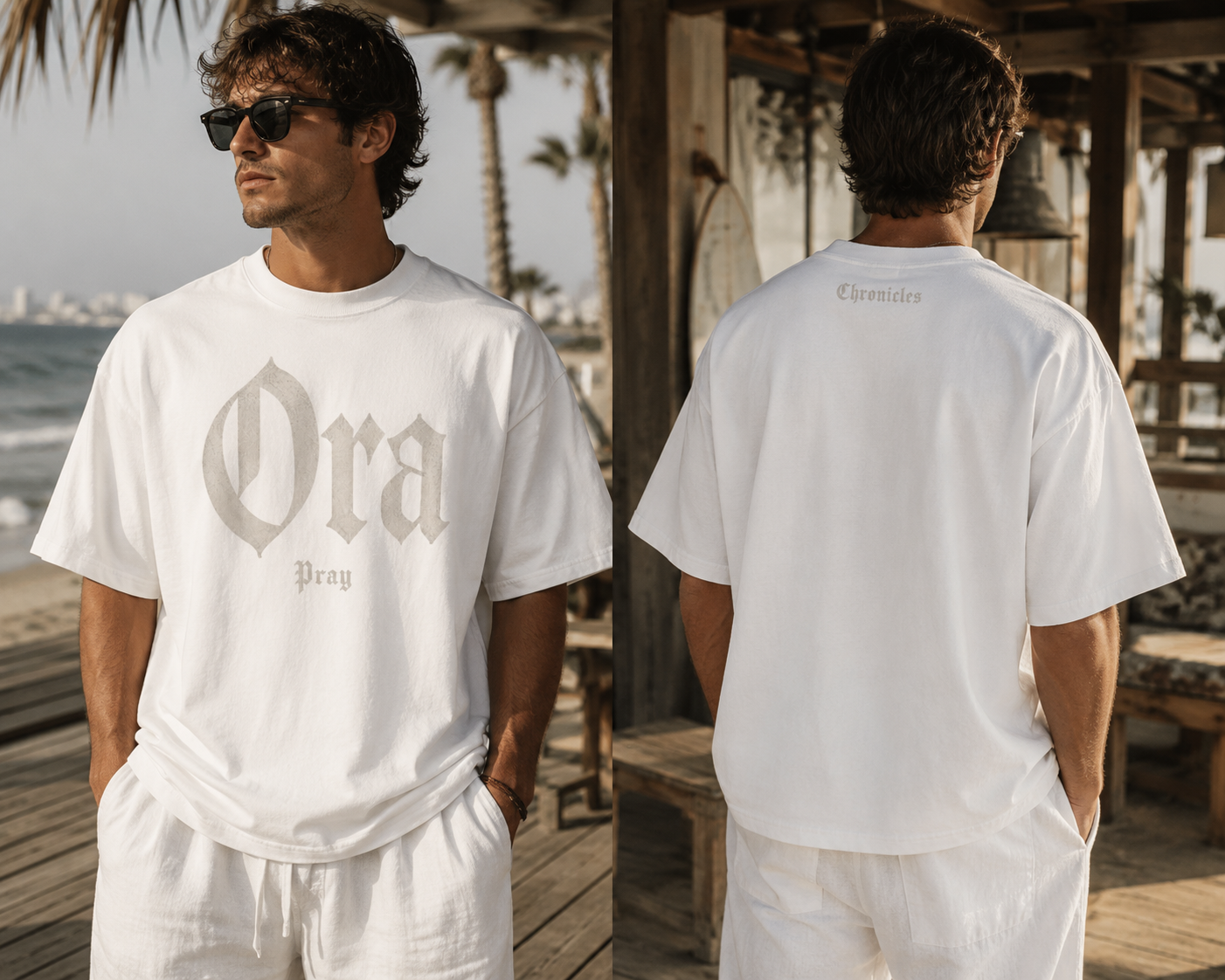 A man wearing a white short-sleeve T-shirt with a large gray Gothic-style 'Ora' and smaller 'pray' text on the front, shown in a split front-and-back view on a beachside wooden deck.