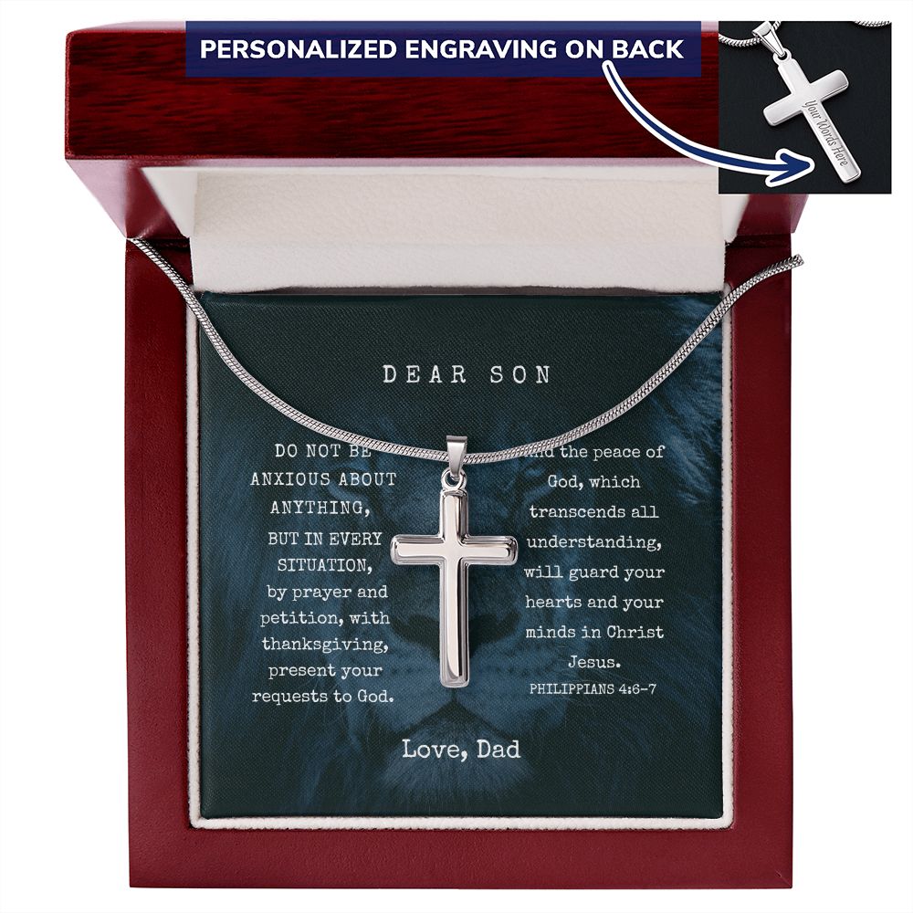Personalized Engravable Steel Cross for Son | Message Card Jewelry by CB